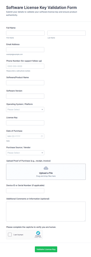 Software License Key Validation Form Template