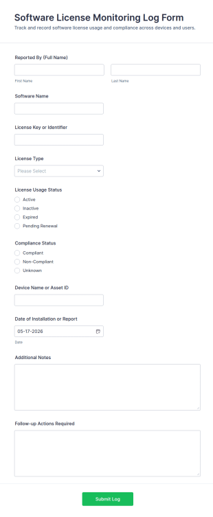 Software License Monitoring Log Form Template