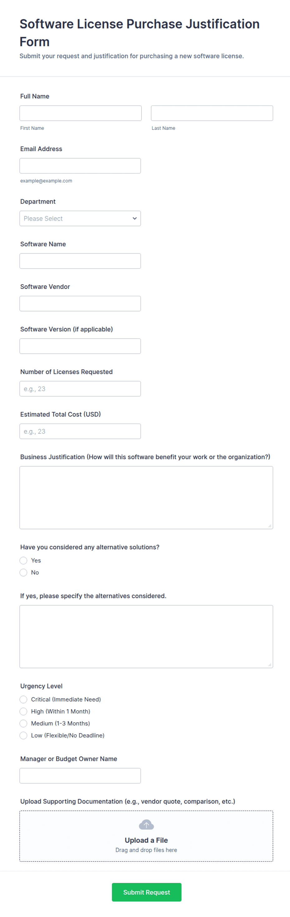 Software Entitlement Form Software License Purchase Justification Form Template | Jotform
