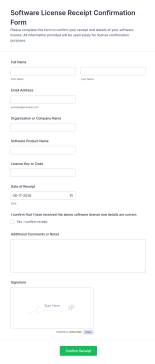 Software License Receipt Confirmation Form Template