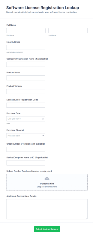 Software License Registration Lookup Form Template