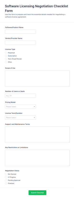 Software Licensing Negotiation Checklist Form Template