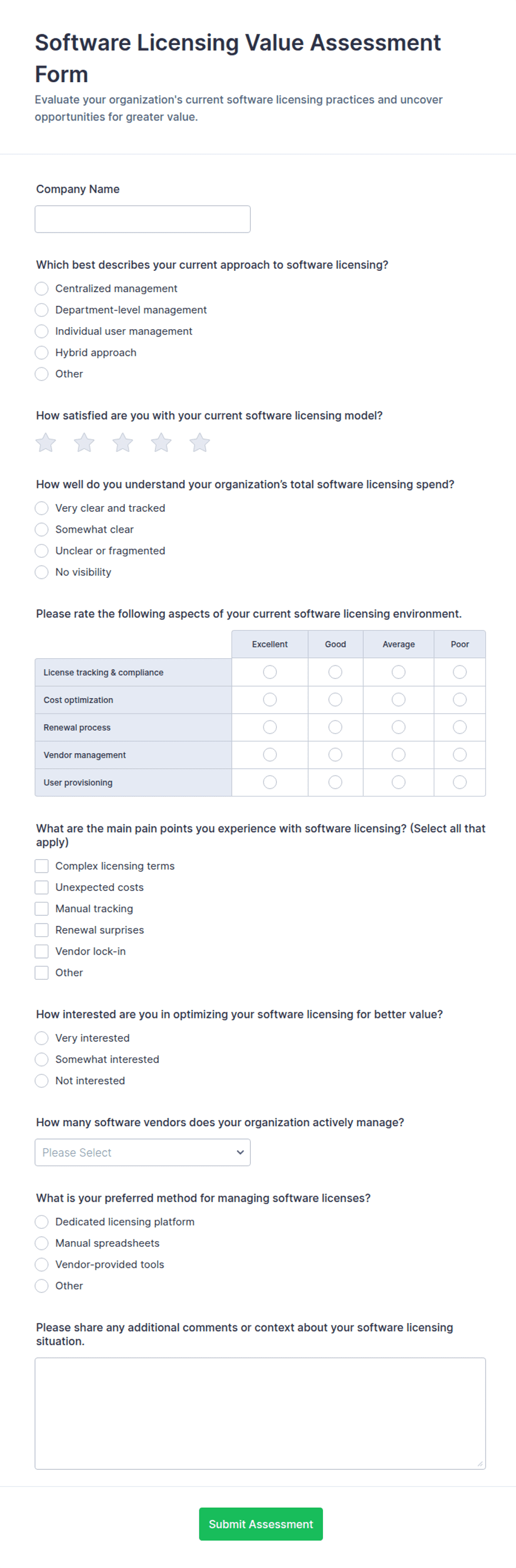 Software Licensing Value Assessment Form Template | Jotform