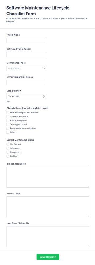 Software Maintenance Lifecycle Checklist Form Template