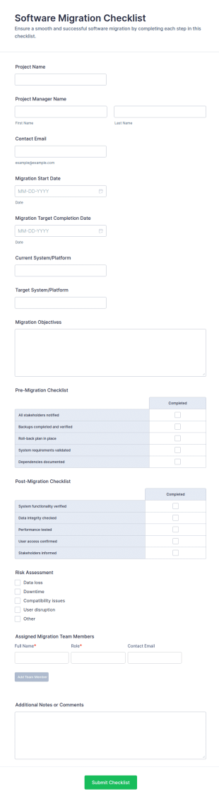 Software Migration Checklist Form Template