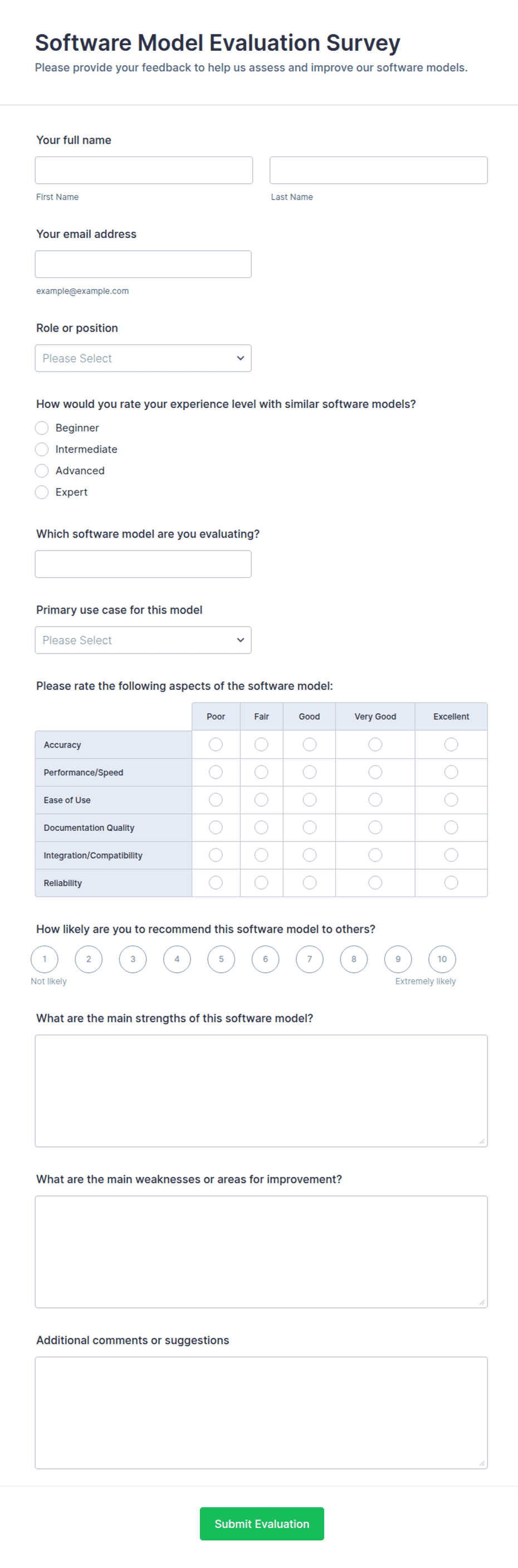 Software Survey Examples Software Model Evaluation Survey Form Template | Jotform