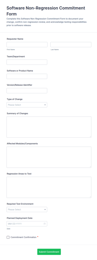 Software Non Regression Commitment Form Template