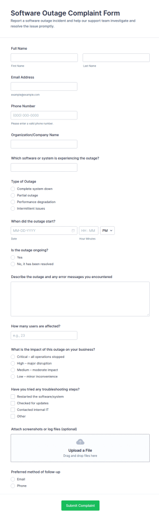 Software Outage Complaint Form Template