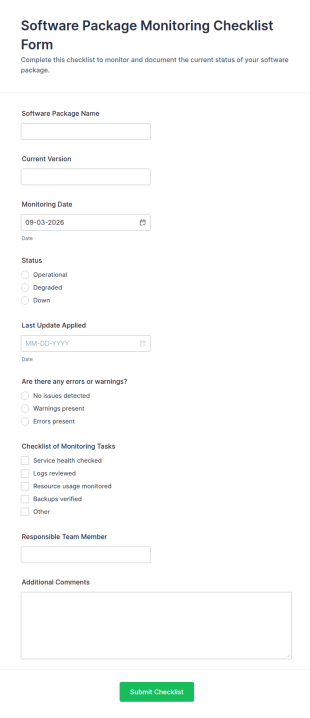 Software Package Monitoring Checklist Form Template