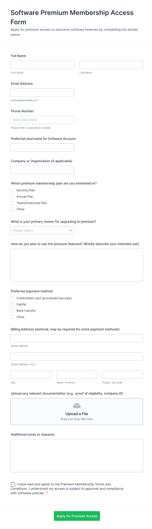 Software Premium Membership Access Form Template
