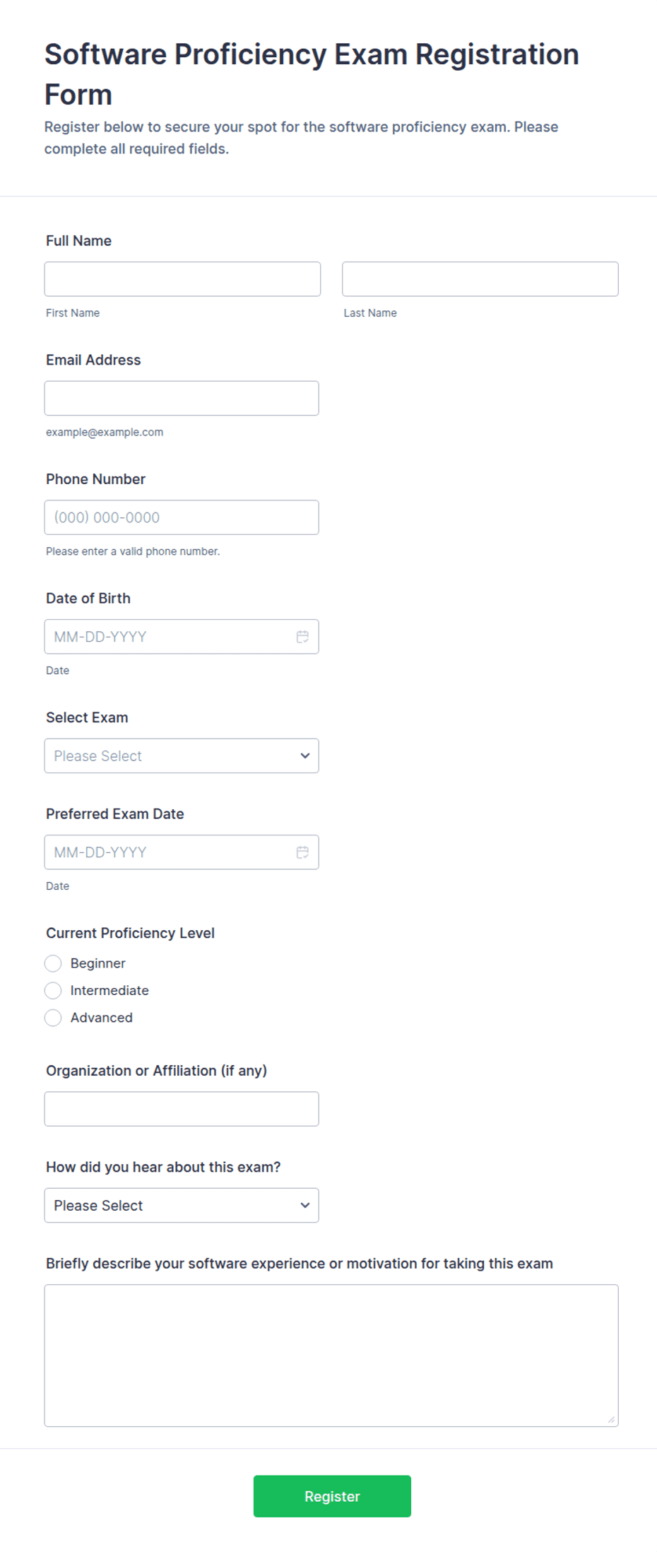 Software Proficiency Exam Registration Form Template | Jotform