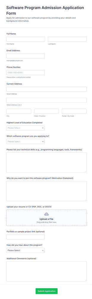 Software Program Admission Application Form Template