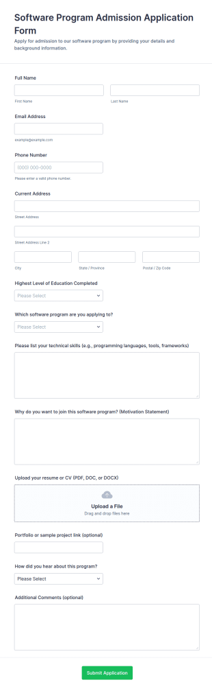 Software Program Admission Application Form Template