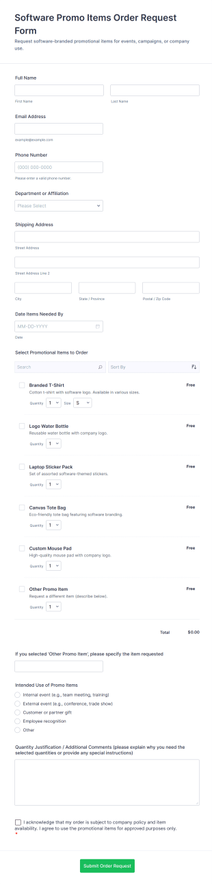 Software Promo Items Order Request Form Template