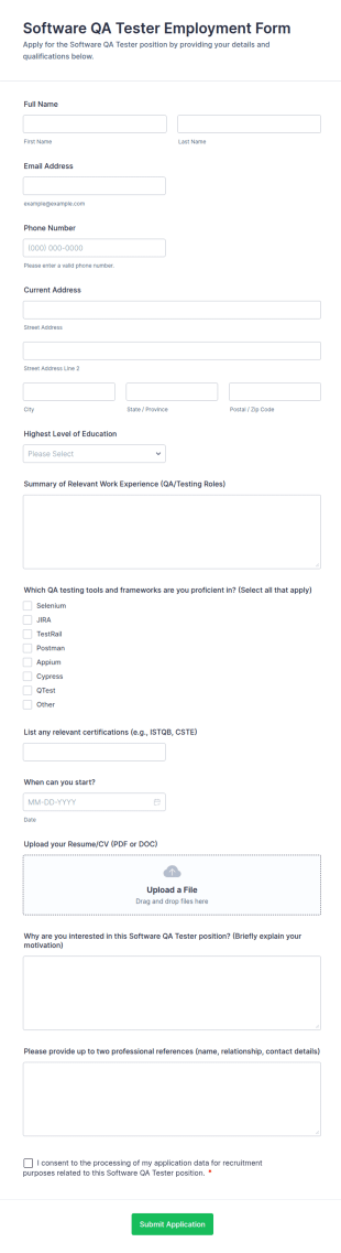 Software QA Tester Employment Form Template