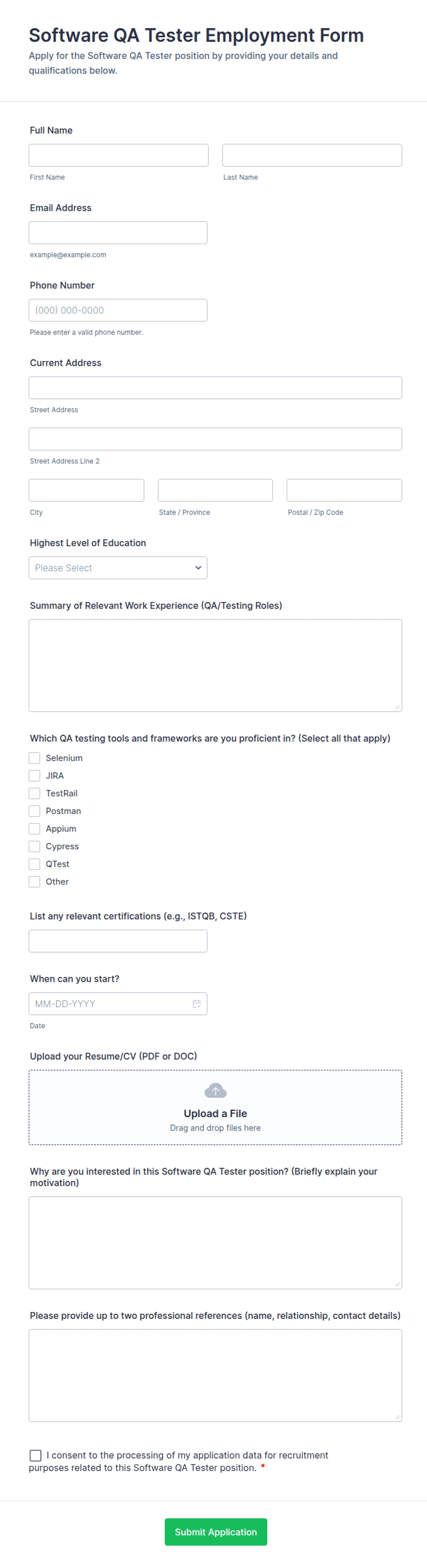 Qa Testing Form Software QA Tester Employment Form Template | Jotform