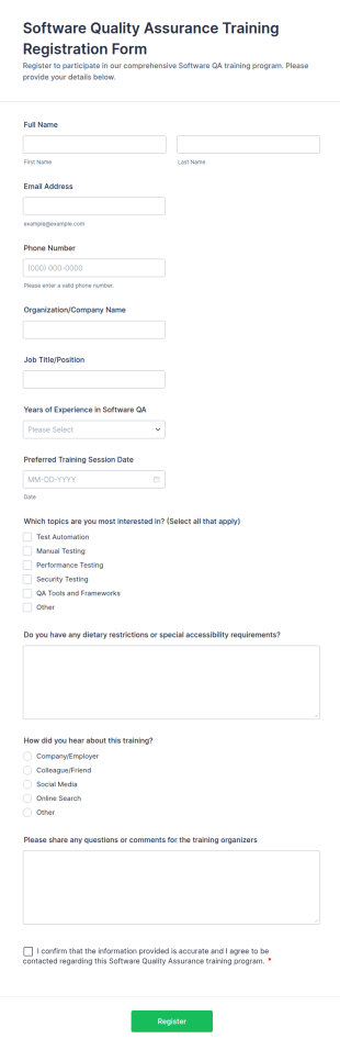 Software Quality Assurance Training Registration Form Template