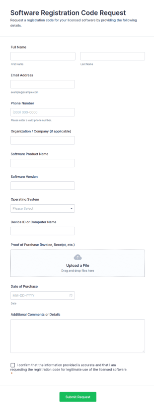 Software Registration Code Request Form Template