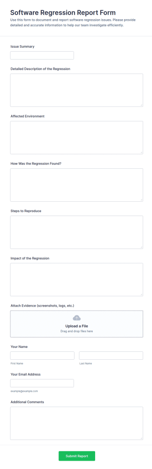 Software Regression Report Form Template
