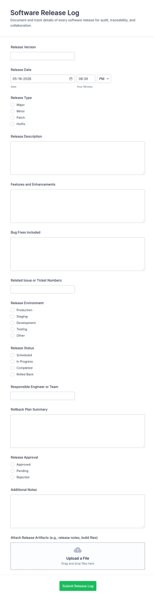 Software Release Log Form Template