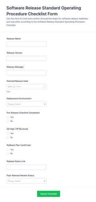 Software Release Standard Operating Procedure Checklist Form Template