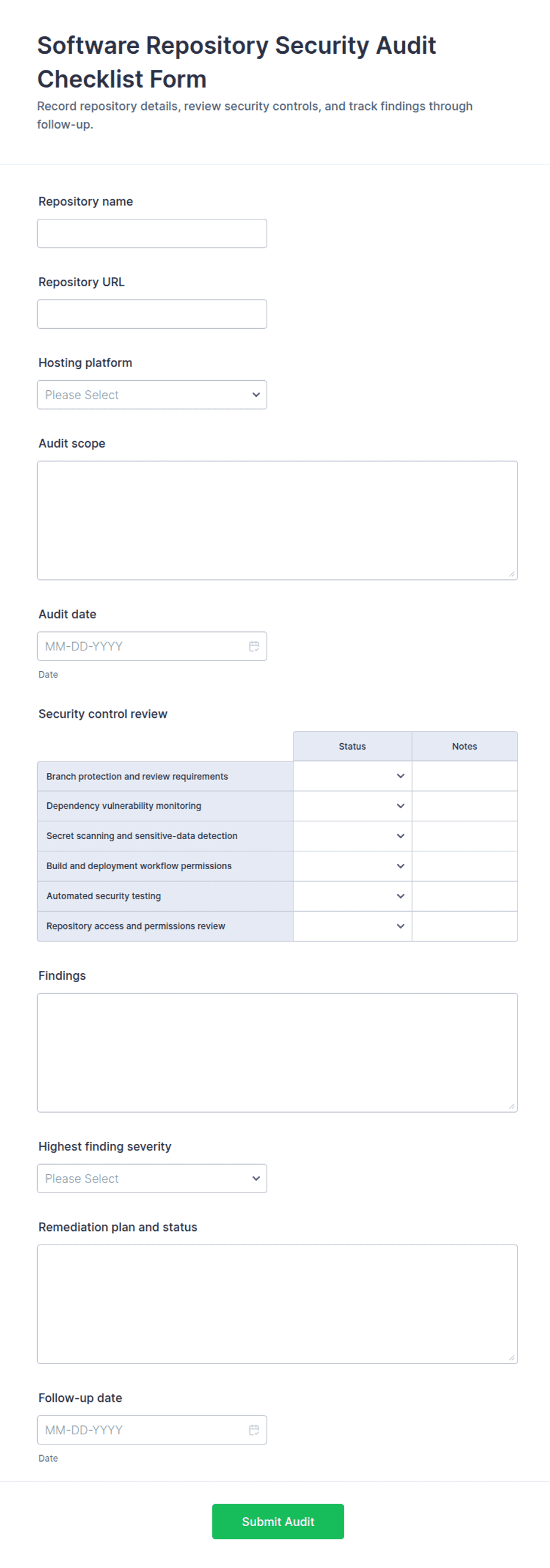 Software Repository Security Audit Checklist Form Template | Jotform