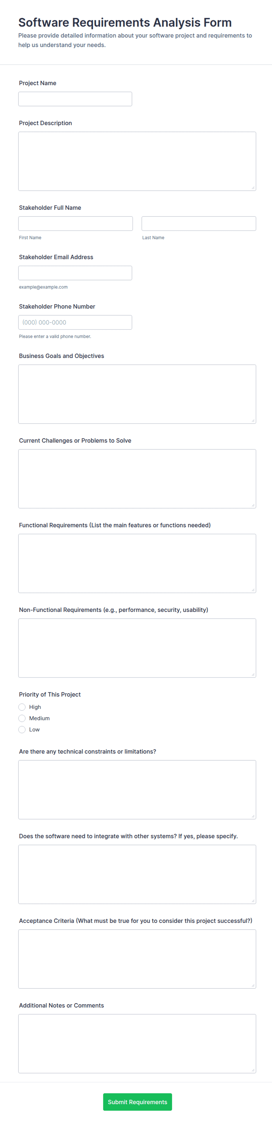 Software Requirements Analysis Form Template | Jotform