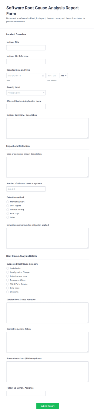 Software Root Cause Analysis Report Form Template