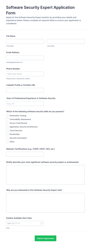 Software Security Expert Application Form Template