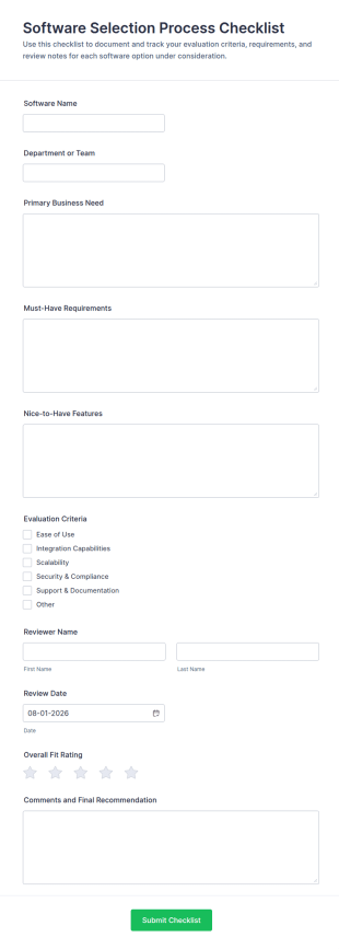 Software Selection Process Checklist Form Template