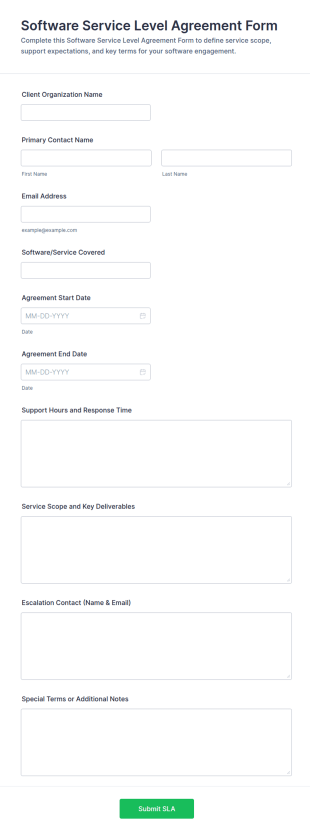 Software Service Level Agreement Form Template