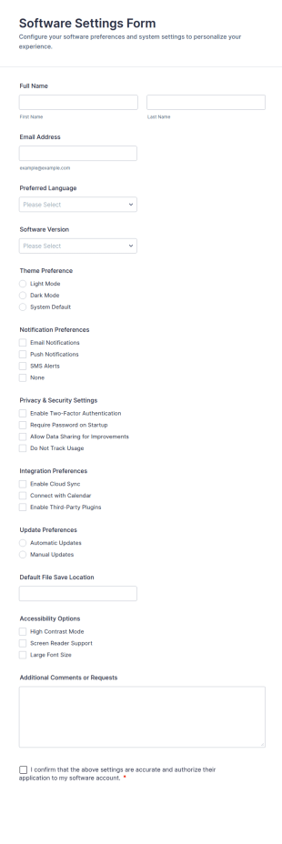 Software Settings Form Template