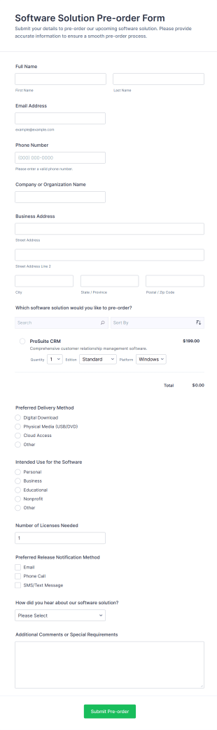Software Solution Pre Order Form Template