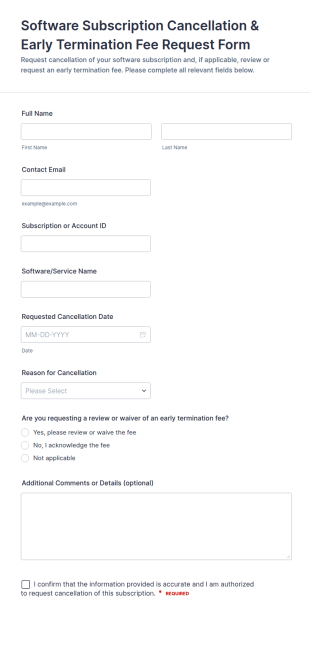Software Subscription Cancellation & Early Termination Fee Request Form Template