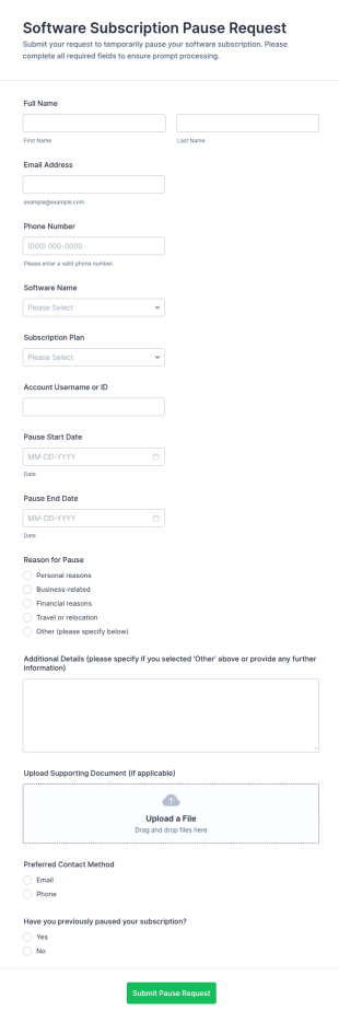 Software Subscription Pause Request Form Template