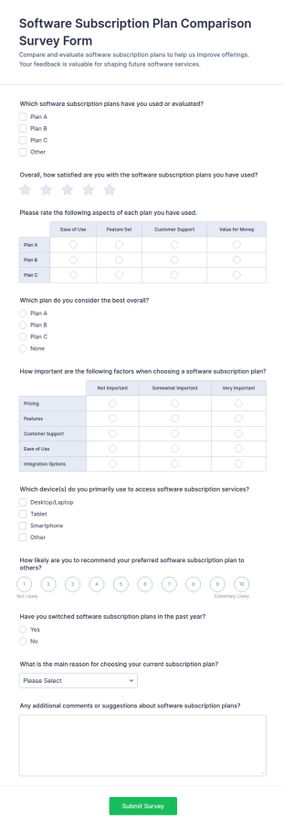 Software Subscription Plan Comparison Survey Form Template