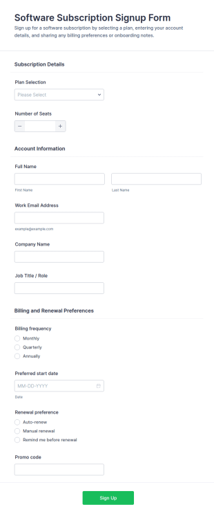 Software Subscription Signup Form Template
