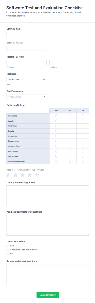 Software Test And Evaluation Checklist Form Template