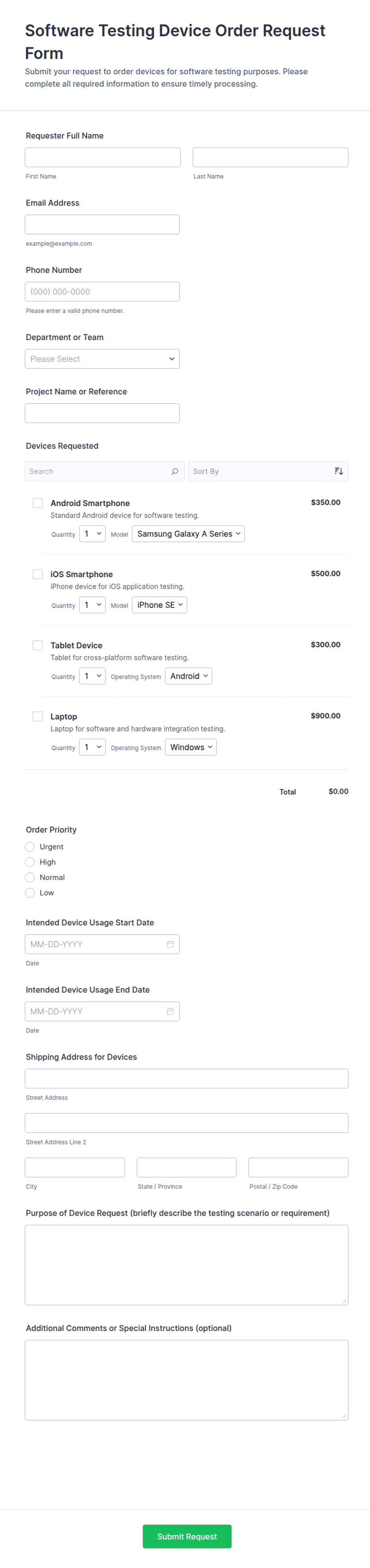 Software Testing Device Order Request Form Template | Jotform