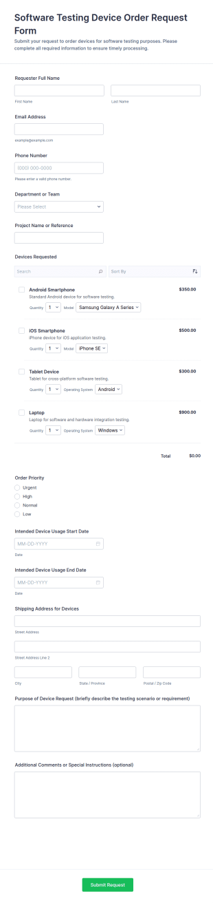 Software Testing Device Order Request Form Template