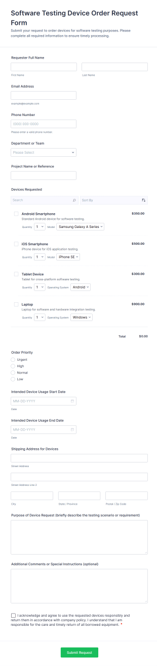 Software Testing Device Order Request Form Template
