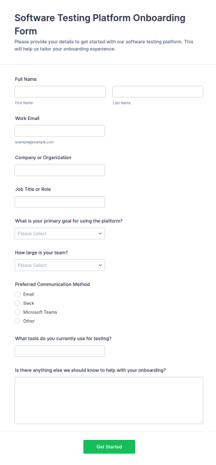 Software Testing Platform Onboarding Form Template