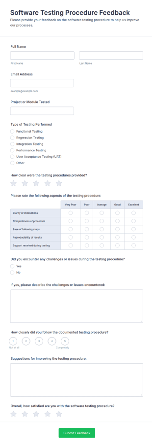 Software Testing Procedure Feedback Form Template