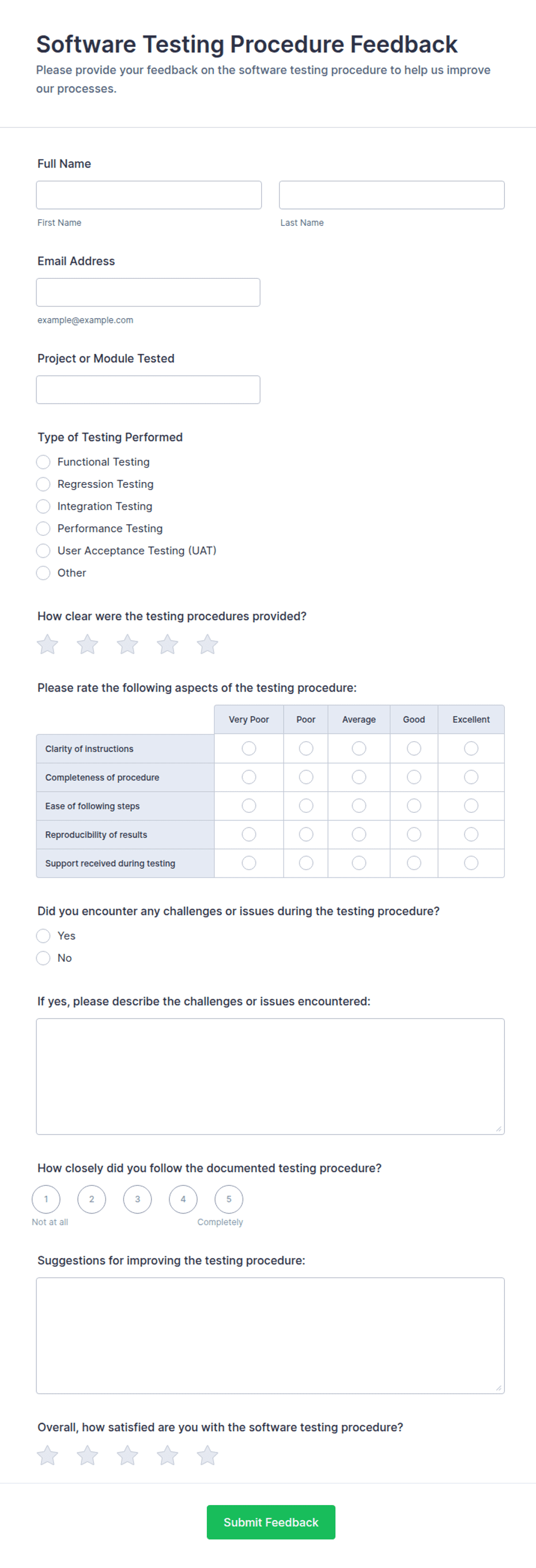 Function Testing Approval Form Software Testing Procedure Feedback Form Template | Jotform