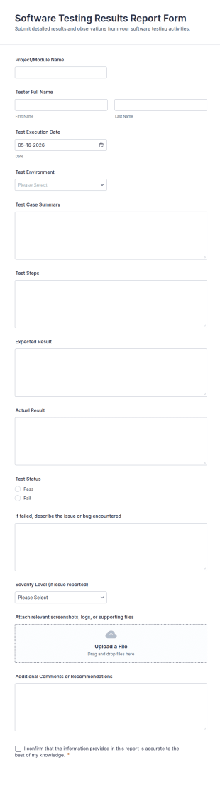 Software Testing Results Report Form Template