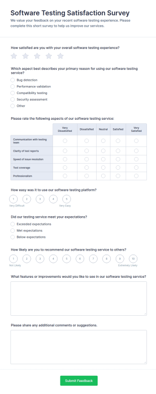 Software Testing Satisfaction Survey Form Template