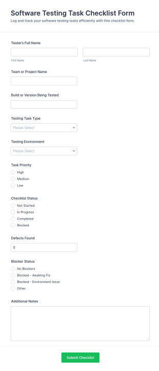 Software Testing Task Checklist Form Template