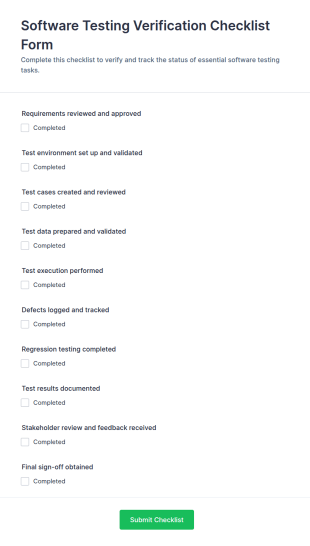 Software Testing Verification Checklist Form Template