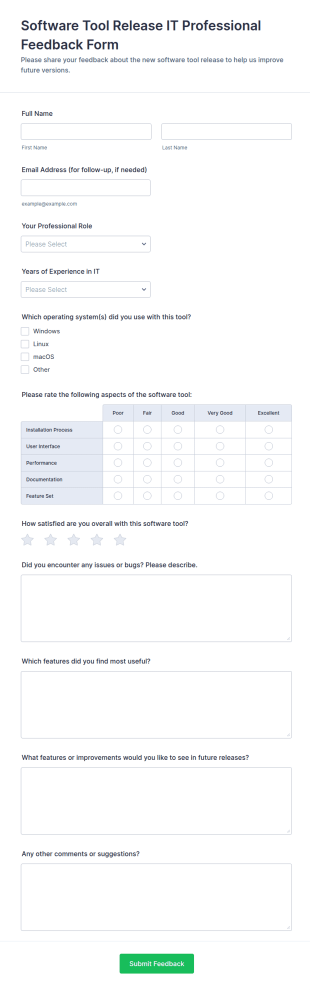 Software Tool Release IT Professional Feedback Form Template