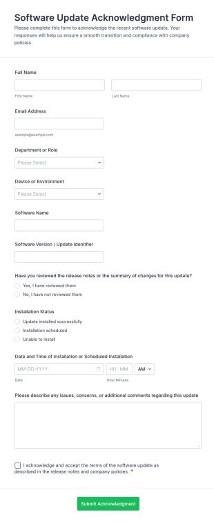 Software Update Acknowledgment Form Template